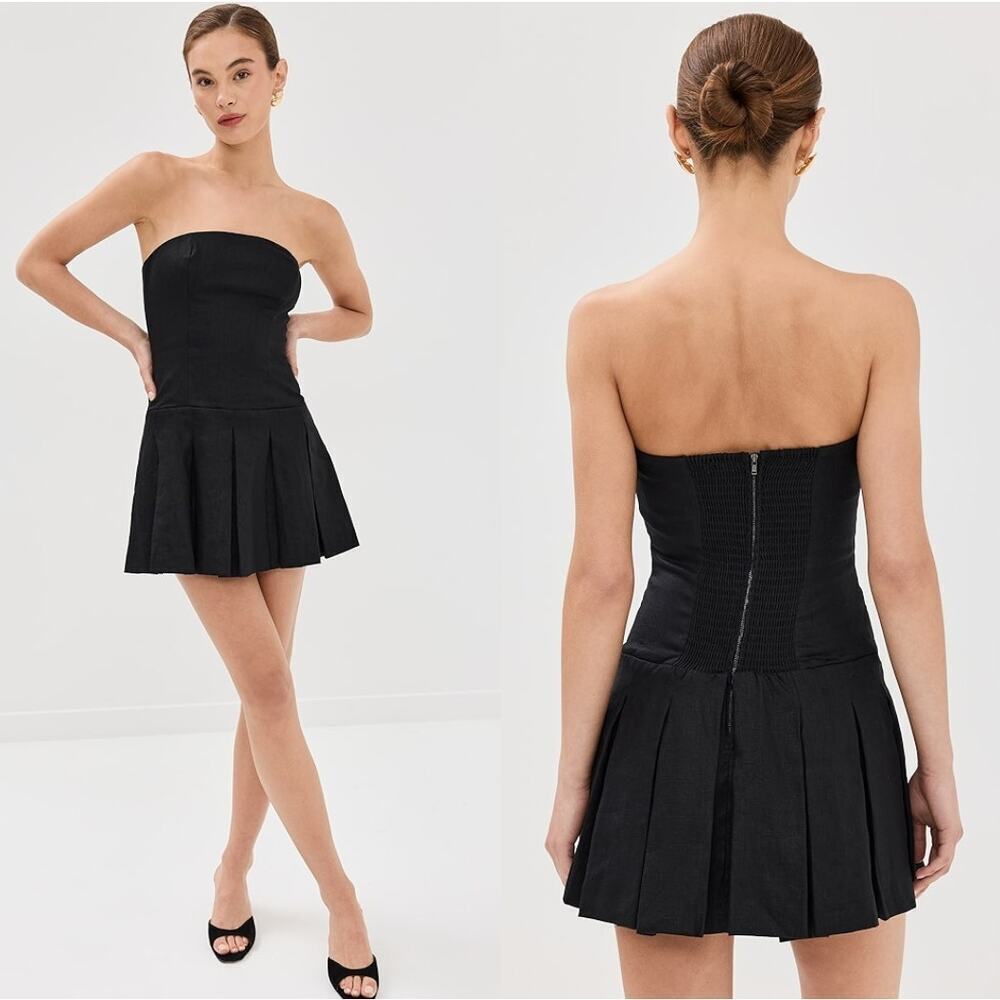 NWT Reformation Black Isabeli Linen Dress Strapless Pleated Mini Cocktail Size 0